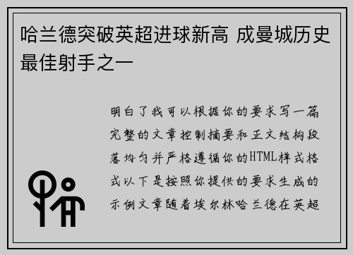 哈兰德突破英超进球新高 成曼城历史最佳射手之一